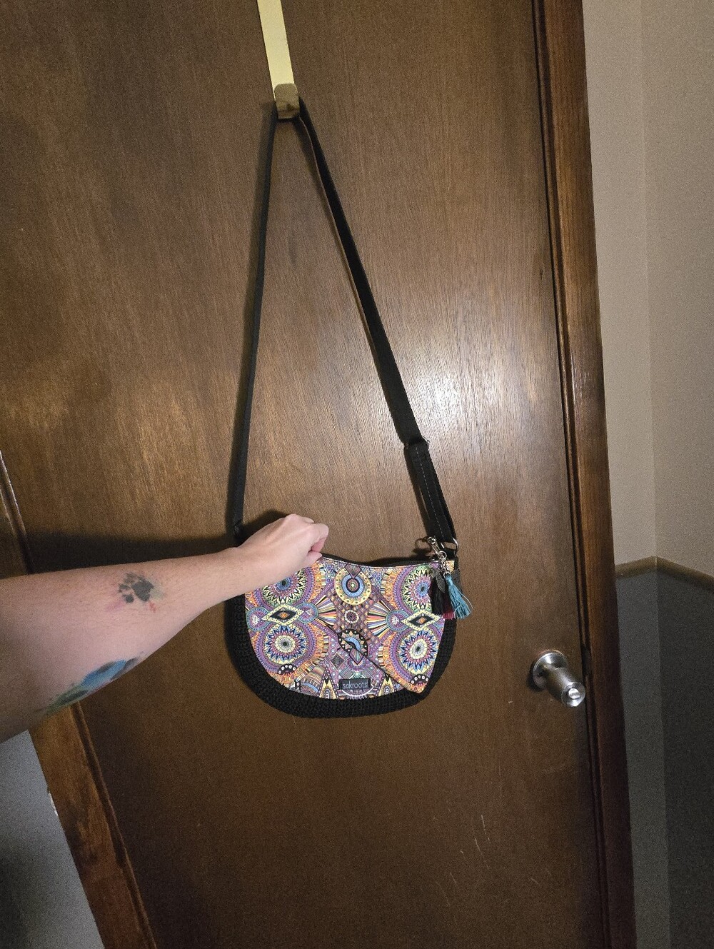 Sak Roots Colorful Mandala Crossbody Bag with Lama Tassel Black Knit